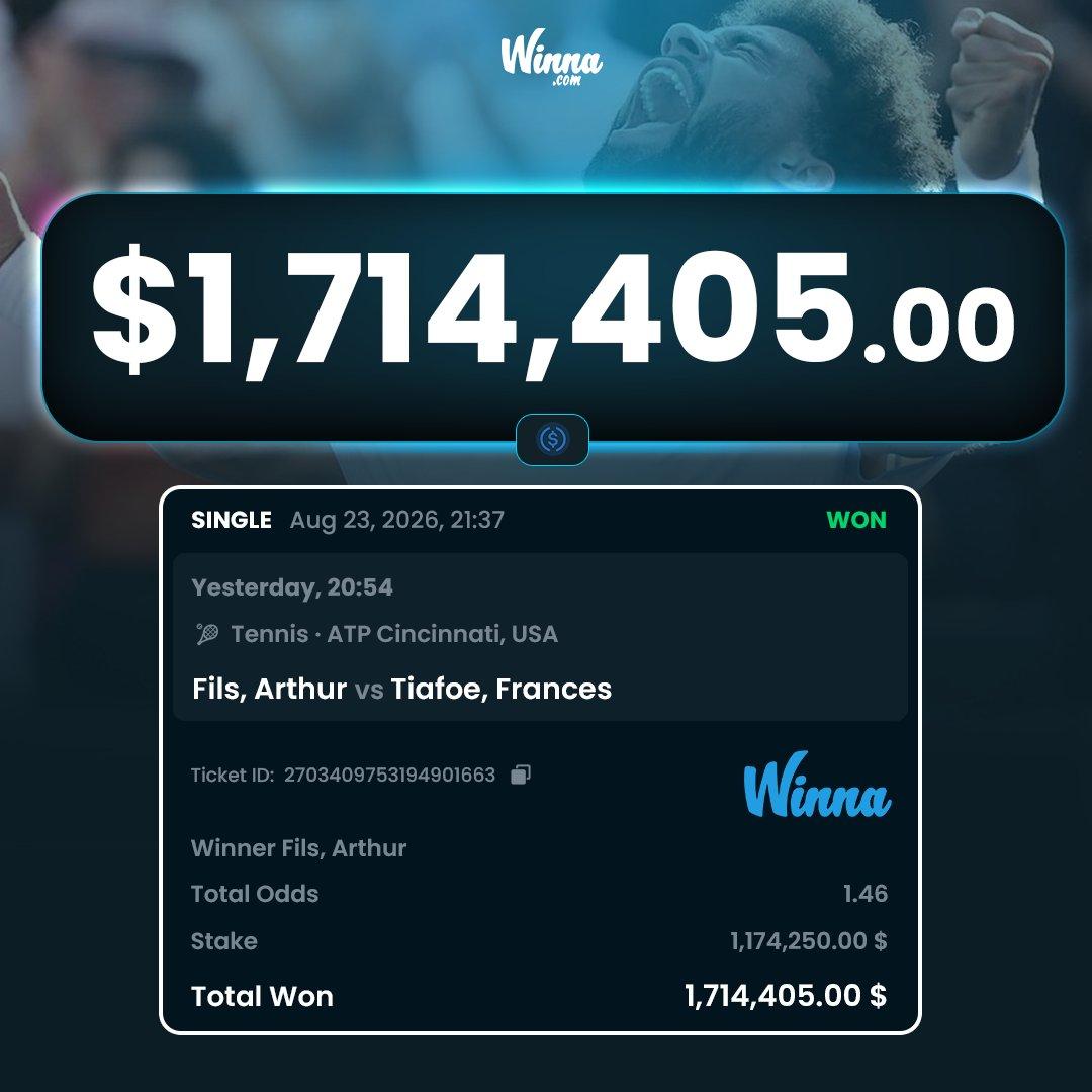 Winna's X post screenshot showing a million-dollar ATP Cincinnati Finals bet and over 500K profit