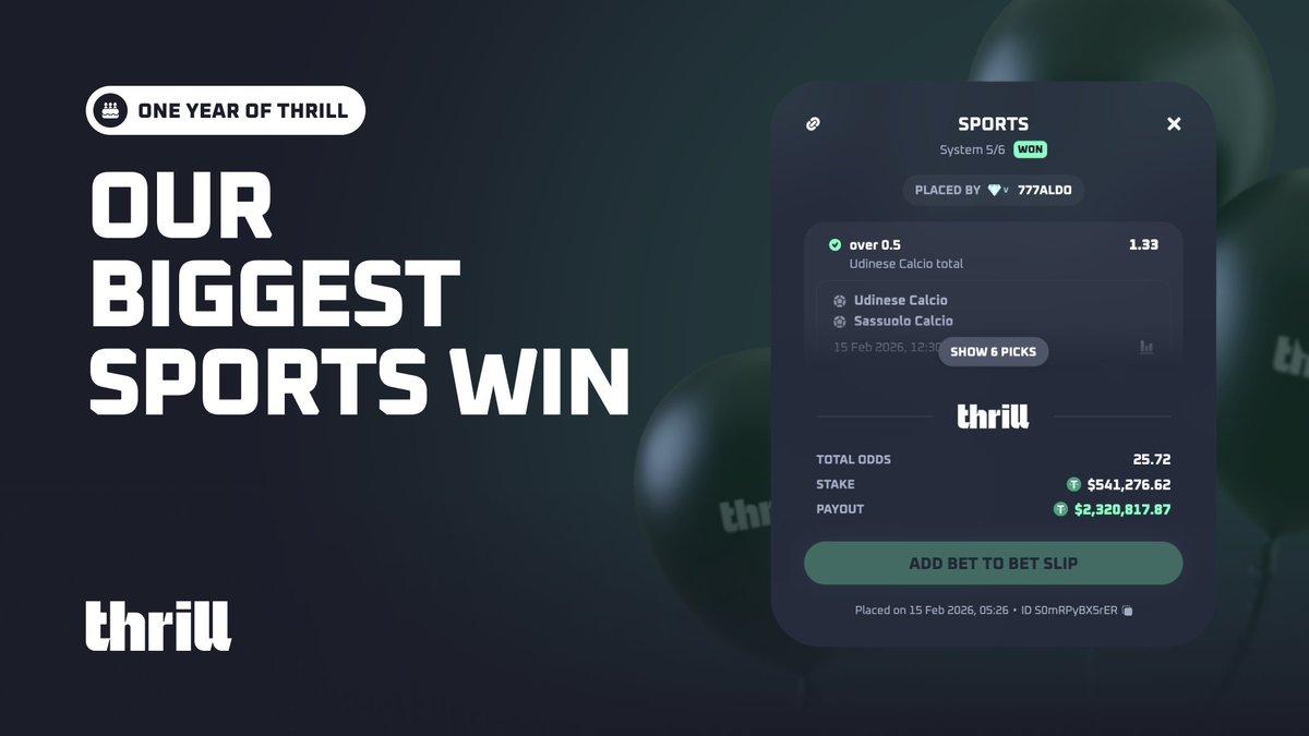 Thrill post graphic announcing the $2,320,817.87 football system bet cashout